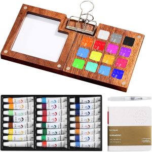 Meimie-Mini Palette D'aquarelle,Kit De Voyage En Bois,Carnet De Croquis,Mini Aquarelle,Outils De Peinture Portables,Mini Palettes Aquarelles Portables Pour Peintres,Artistes,Étudiants(24 Couleurs) - Neuf