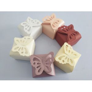 Boîte à bonbons de 100 pièces, boîte à bonbons de mariage créative de couleur unie avec papillon, boîte à fond carré en papier perlé (6 couleurs) - Neuf
