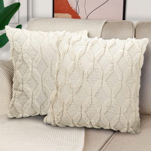 (Blanc cassé) Lot de 2 housses de coussin décoratives style ferme, 45 x 45 cm, style bohème, carrées, en fausse fourrure douce et polaire à poils courts - Neuf