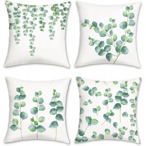 Cauc-Lot De 4 Housse De Coussin Feuilles D'eucalyptus 45 X 45 Cm Plante Verte Velours Doux D&eacute;coratif Taie D'oreiller Pour Canap&eacute; Lits Chaises Voiture Salon Maison D&eacute;cor - Neuf