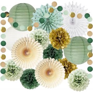 MEVRONISSHOP-Pompon Papier de Soie,D&eacute;corations de F&ecirc;te Vert Sauge,Ventilateur de Plafond &Agrave; Pompons,Cr&egrave;me or Pompon Papier de Soie Guirlande,D&eacute;corations de F&ecirc;te,pour Mariage,Carnaval,F&ecirc;tes,Anniversair - Neuf