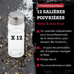 Mevronisshop-Fm Professional 46651 Lot De 12 Sali&egrave;res Ou Poivri&egrave;res En Verre, Sali&egrave;re De Table, Poivrier, Poivri&egrave;re, Sali&egrave;re Et Poivrier, Acier Inoxydable, Verre, 8 Cm - Neuf