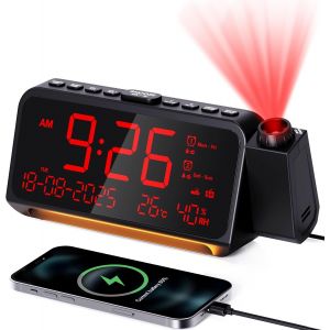 Radio-r&eacute;veil num&eacute;rique avec projection - Radio FM et minuterie d'arr&ecirc;t automatique - Projecteur &agrave; 320&deg; avec variateur d'intensit&eacute; - Mode week-end - Double alarme, temp&eacute;rature et humidit&eacute; R&eacute;veil fort - Neuf