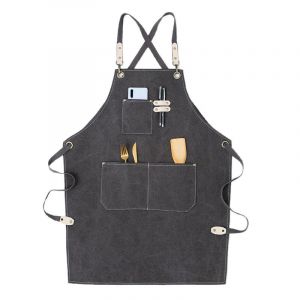 Hjlian Tablier De Cuisine En Toile De Coton Impermeable Avec Poches Et Bretelles Amovibles, Confortable Et Ideal Pour Restaurant, Gris - Neuf