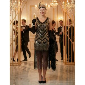 Déguisement Charleston Noir Et Doré À Sequins Luxe Femme - Taille: 38 - Neuf