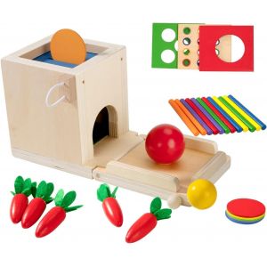 KAL-Montessori Jouet Bebe 1 An Object Boîte Permanente 4 En 1, Cubes D¿Éveil Educatifs En Bois, Boules De Carottes Colorées Et Pièces De Monnaie, Classification Des Jouets - Neuf