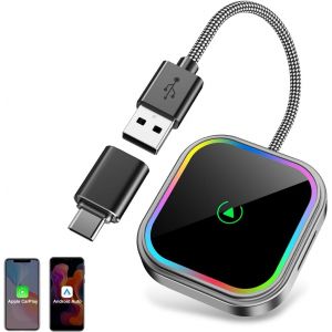 JGD-Mini Adaptateur sans Fil pour Apple CarPlay/Android Auto, 2 en 1 Adapter CarPlay sans Fil Bluetooth avec Prise USB A/C,Compatible avec iOS 10+ et Android 11+,RGB &agrave; Commande Vocale,Plug and Play - Neuf