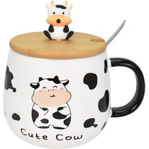 Eryi-Tasse À Café En Céramique Avec Couvercle Et Cuillère, Tasse Vache Avec Couvercle Drôle, Tasse À Café, 480ml, Tasse Vache Mignonne Tasse De Lait Céramique, Pour Femme, Bureau, Anniversaire - Neuf