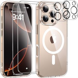 KALANKA-Magn&eacute;tique Coque pour iPhone 16 Pro avec 2 Verres Tremp&eacute;s et 2 Cam&eacute;ra Protecteur, Compatible MagSafe Anti-jaunissement Dos Anti Rayures Coque iPhone 16 Pro 6.3"" -Transparent - Neuf