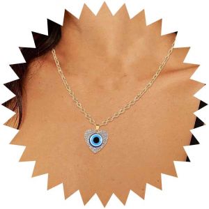Kal-Collier Pendentif Oeil Maléfique Cristal Talisman Bleu Gothique Turc Protection Chanceux Strass Coeur Bijoux Pour Femmes - Neuf