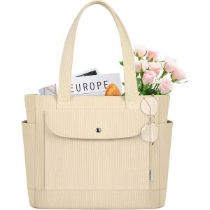 nzqaf-Sac Fourre Tout en Velours Côtelé avec Poche Avant à Fermeture Magnétique Grande Capacité Cabas Femme Sac à Main à Bandoulière avec Éclair Travail Voyage Gym École - Neuf