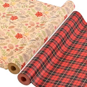 2 Rouleau Kraft Papier Cadeau De Noël, 43cm×15m Recyclable Papier D'emballage Pour Enfant Emballage Des Cadeaux De Noël, Décoration De Fete(N: Végétatif/Tartan Vintage Rouge Et Noir) - Neuf