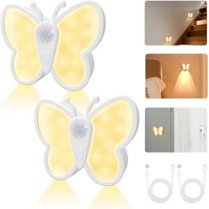 Veilleuse Detecteur De Mouvement,En Forme De Papillon 2 Pièce,Lumiere Detecteur De Mouvement Interieur,Veilleuse Rechargeable Avec 3Modes (On/Auto/Aus),5 Types De Luminosité Réglables,Veilleuse Enfan - Neuf