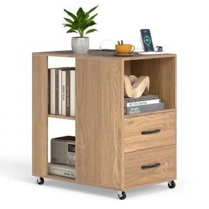 COSTWAY Table d'Appoint Roulante avec Tiroirs et &Eacute;tag&egrave;res de Rangement Station de Recharge Int&eacute;gr&eacute;e 60 x 40 x 65,5 cm Naturel - Neuf