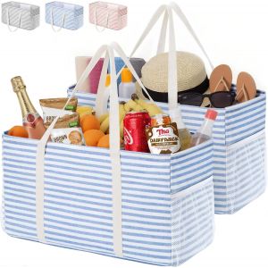 SJZG-Grand Sac De Courses Et Cabas 46 L, Panier Course Pliable Avec Cadre En Fil M&eacute;tallique Et Poign&eacute;es, Sac Rangement Pour Pique-Nique, Plage, Buanderie, Voiture, Camping - Neuf