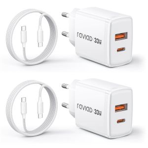 JGD-Chargeur USB C Rapide avec GaN Tech 2-Pack, 33W 2 Port Prise USBC Chargeur Rapide iPhone avec C&acirc;ble USB C 1M pour iPhone 17 16 15 Pro Max, Samsung Galaxy S25 S24 S23 Ultra, Pad Pro, MacBook Air - Neuf