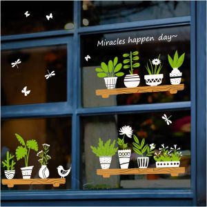 Autocollants double face pour fenêtres et murs - Stickers muraux plantes vertes - Décoration amovible pour salon, chambre, café, cuisine, porte vitrée - Neuf