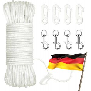 Mevronisshop-25 M Corde Nylon Blanc Diam&egrave;tre 6 Mm Corde Escalade Avec 4 Crochets En M&eacute;tal Et 4 Crochets En Nylon Balancoire R&eacute;sistante Aux Intemp&eacute;ries Pour M&acirc;t De Drapeau Tente Camping - Neuf