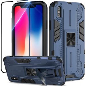 Kal-Coque Pour Iphone X/Xs Avec Verre Trempé, Outdoor Antichoc De Qualité Militaire Coque Avec Béquille Anti Rayure, Compatible Support De Voiture Magnétique - Bleu - Neuf