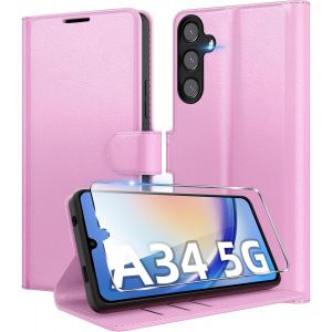SJZG-Coque Pour Samsung Galaxy A34 5G En Premium Cuir Pu, Portefeuille Housse Etui Pour Cartes Protection Anti-Choc Flip Case Avec 1 Verre Tremp&eacute; Rose - Neuf