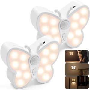 Lot De 2 Veilleuses En Forme De Papillon, 1200 Mah, Rechargeables, D&eacute;tecteur De Mouvement, 3 Modes D'&eacute;clairage, Installation Magn&eacute;tique, Applique Murale Pour Enfants Pour Couloir, Escalier - Neuf