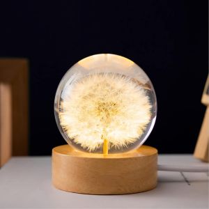 Veilleuse Boule De Cristal En Forme De Fleur, 6,1 Cm Avec Base En Bois (Pissenlit) - Neuf