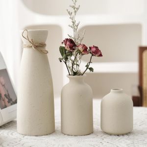Lot de 3 petits vases d&eacute;coratifs en c&eacute;ramique noire, d&eacute;coration moderne pour la maison de campagne, vase d&eacute;coratif en herbe de la pampa, support cr&eacute;atif (beige) - Neuf