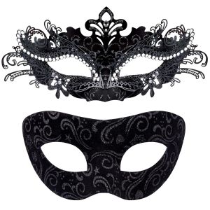 2 Pi&egrave;ces Couple Masque V&eacute;nitien Masque De Mascarade V&eacute;nitien Masque Mascarade Bal Masqu&eacute; Pour Femme Homme Les Yeux Pour Halloween Mascarade Carnaval,Noir.[J151] - Neuf