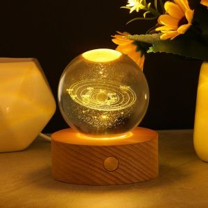 Lampe Boule De Cristal 3d, Boule De Cristal Veilleuse 3d Système Solaire, Lampe 3d Avec Led Multicolore Base En Bois, Cadeau De Saint-Valentin, Cadeaux D'astronomie Pour Enfants - Rechargeable - Neuf
