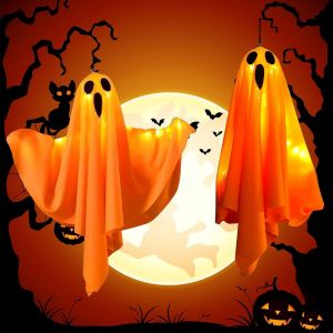 Cauc-D&eacute;coration Halloween, 2 Pcs Led Fant&ocirc;mes Lumineux &Agrave; Suspendre Avec &Agrave; 3 Modes De Lumi&egrave;re, Deco Halloween Fant&ocirc;me Exterieur Interieur, Pour Patio, Jardin, Arbre, F&ecirc;te-Orange - Neuf