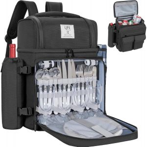 Ulteronixshop-30l Sac &Agrave; Dos De Pique-Nique Pour 4 Personnes Avec 2 Compartiments R&eacute;frig&eacute;rants Isol&eacute;s Et &Eacute;tanches, Sac De Pique-Nique Avec Vaisselle Et Couverture, Pour Plage, Camping, Randonn&eacute;e (Noir - Neuf