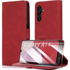 Kal-Coque Compatible Avec Samsung Galaxy A14 4g / 5g + Verre Trempé,Housse En Cuir Samsung Galaxy A14 4g / 5g, Pour Samsung Galaxy A14 4g / 5g Cover,Rouge - Neuf
