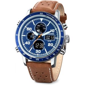 Eryi-Montres Pour Homme - Montre Militaire Numérique Analogique Décontractée À Double Fuseau - En Cuir - Multifonctions - Rétroéclairage Led - Alarme - Chronomètre - Calendrier, Marron/Vert, - Neuf