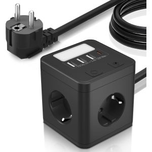 Usb Cube Power Strip With 4 Outlets 1 Usb-C Port, 3 Usb-A Ports, 1.5M Power Strip With Night Light, Cube Power Strip With Switch, Power Strip For Travel Home Office, Black - Neuf