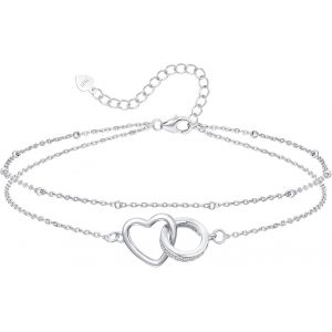 Senior-Bracelet De Cheville En Argent Sterling 925 Pour Femme - R&eacute;glable - 22 + 5 Cm - Pour L'&eacute;t&eacute; - Pieds Nus - Double Cha&icirc;ne De Cheville - Avec Design Coeur[L591] - Neuf