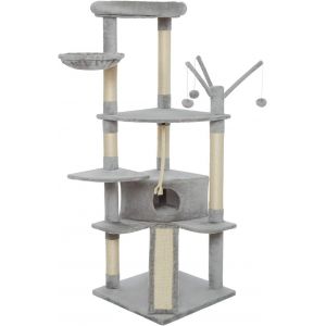 Arbre &Agrave; Chat, Arbre A Chat Hauteur 167cm,Tour De Jeux Pour Chats Avec 4 Poteaux &Agrave; Griffer,2 Plateformes,1 Niche,1 Hamac,3 Pompons,1 Planche &Agrave; Griffer,En Tissu Peluche,Multi-Niveaux,Beige - Neuf