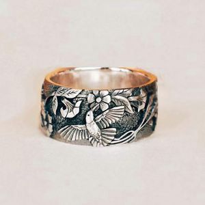 Alliage Chic Oiseau Fleur Motif Unisexe Bague Femmes Hommes Bague De Mariage Large Mode Bijoux - Neuf