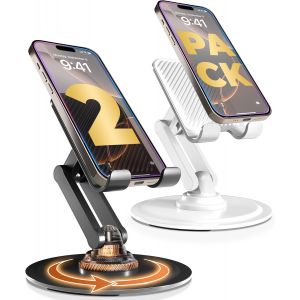 Support 360&deg; - Support De T&eacute;l&eacute;phone Ajustable Pour Bureau - Pack De 2 | Support Mobile Rotatif 360&deg;, Multi-Angle, Base M&eacute;tallique, Pliable, Portable | Support De Bureau (Noir & Bla[POP944712] - Neuf