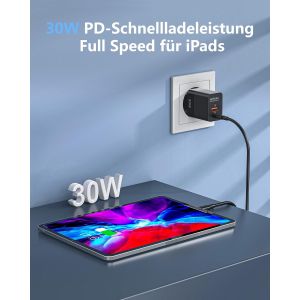 Chargeur Usb C, 30W 2 Port Rapide Pd Usb Type-C Adaptateur Secteur Prise Avec Iphone 14 Pro/14 Pro Max/13/12/Ipad/Se,Chargeur Rapide(25W Pps) Pour Samsung S23/S22,Google Pixel 6 7 Pro (Black) - Neuf