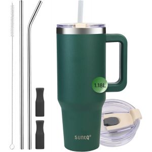 Eryi-Gobelet De 1200 Ml Avec Poignée, Tasse À Café Isotherme À Double Paroi Avec Couvercle Anti-Fuite Et Paille, Tasse De Voyage En Acier Inoxydable Pour Boissons Chaudes Ou Froides (Vert Forêt) - Neuf
