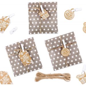 25pcs Petit Sac Cadeau en Papier Sachet Pochette Bonbon Forme Étoile 30pcs Étiquettes 25pcs Pince à Linge en Bois 20m Cordons Sacs d¿Emballage pour Dragée Noël Anniversaire Mariage Fête - Neuf
