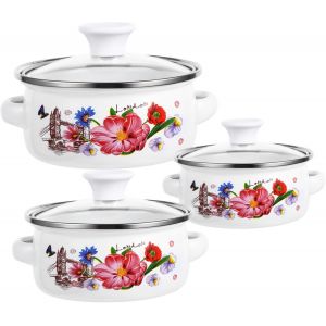 Subzonal-Lot De 3 Marmites &Agrave; Soupe En &Eacute;mail Avec Double Poign&eacute;e Fond Plat Petite Casserole D&eacute;corative Pour Cuisson Induction Et &Eacute;lectrique Id&eacute;ale Pour Soupe Lait Et Flocons D'avoine - Neuf