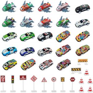 KALANKA-39 Pi&egrave;ces Petites Voitures Jouets Enfants, Mini Jouet de Voiture avec 15 Panneaux de Barrage Routier, M&eacute;tal Mini Voiture &agrave; Friction Jouets &eacute;ducatifs pour Gar&ccedil;ons et Filles de 3 &agrave; 12 Ans - Neuf