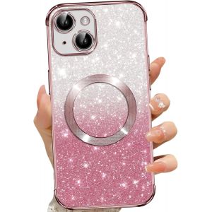 TRAHOO-Coque Magn&eacute;tique pour iPhone 13, Etui &agrave; Paillettes Compatible avec MagSafe, Antichoc Charge sans Fil Housse pour iPhone 13, avec 2 Verre Tremp&eacute;, Rose - Neuf