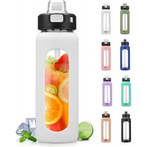 700ml Bouteille D'eau En Verre Avec Poignée Et Paille Bouteille D'hydratation Avec Manchon En Silicone Et Marquage Du Temps Gourde De Motivation Pour Gym Sport Extérieur Anti-Fuite,Blanc - Neuf