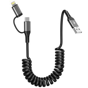 2 En 1 Cable Spirale Voiture Pour Apple Carplay Et Android Auto [3a Charge Rapide & Transmission De Données], Câble Multi Usb Avec Lightning Usb C Câble Pour Iphone 16/15/14/13/Galaxy/Huawei - Neuf
