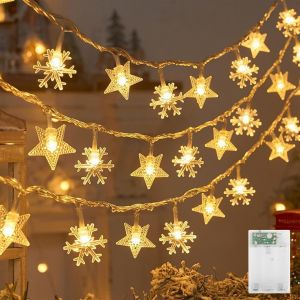 TRAHOO-Guirlande lumineuse de No&euml;l - 3 m - 20 LED - Flocons de neige - &Eacute;toiles - Fonctionnement &agrave; piles - Blanc chaud - D&eacute;coration de No&euml;l - Lumi&egrave;res d&eacute;coratives pour chambre &agrave; coucher, mariage, No&euml;l - Neuf