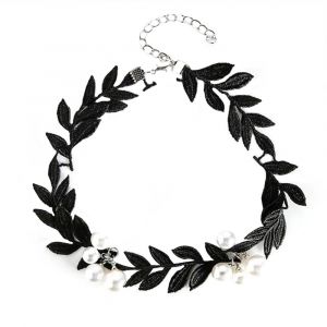 Femmes Tendance Laisser Forme Dentelle Faux Perle Collier Collier Cha&icirc;ne Bijoux (Noir) - Neuf