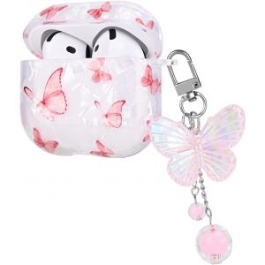 &Eacute;tui de Protection Compatible avec Airpods 4 G&eacute;n&eacute;ration avec Pendentif, Housse avec Design de Coquille Scintillante pour Filles, Coque en TPU Antichoc Anti-rayures Antid&eacute;rapante, Papillon Rose - Neuf