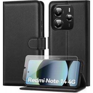 CAUC-Coque pour Xiaomi Redmi Note 14 4G avec Verre Tremp&eacute;, &eacute;tui Cuir PU Magn&eacute;tique [Pochette de Portefeuille] [Blocage du Signal RFID] Housse de Fonction Stand Video Porte Case -Noir - Neuf